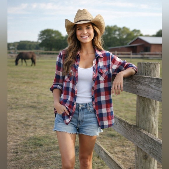 Polly & Esther Tops - Polly & Esther Red and Blue Plaid Button-Down Shirt